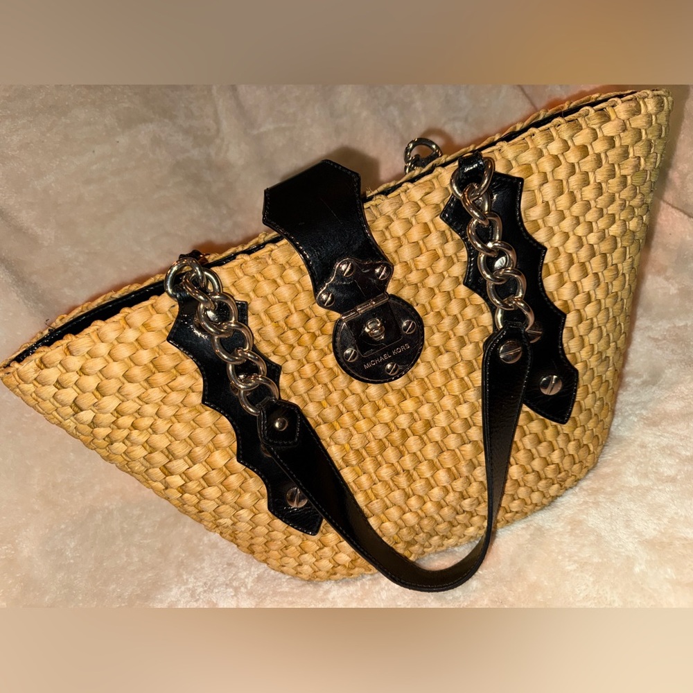 ‼️SOLD‼️Vintage Michael Kors Santorini Raffia Straw Woven Tote Shoulder Bag - Picture 5 of 14